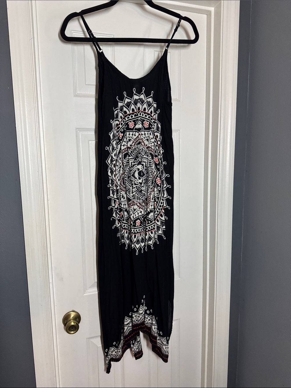 Black Maxi Dress with White Mandala Print - Sleeveless Spaghetti Strap
